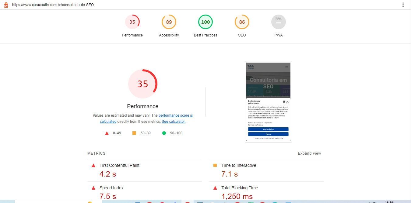 Imagem mostra o painel de core web vitals da extensão do Lighthouse