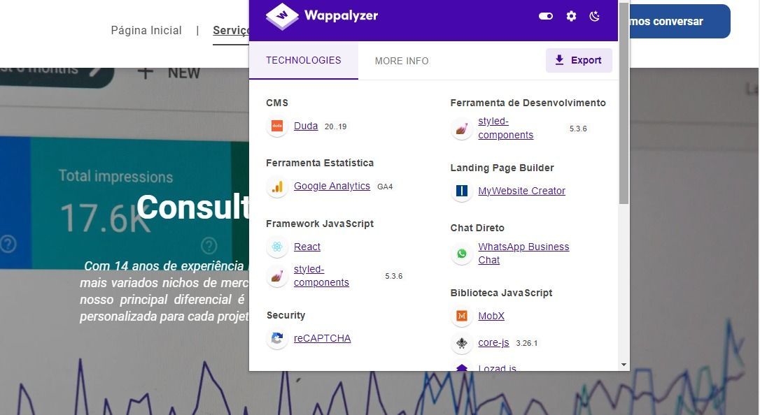 Imagem mostra uma tabela com informações das tecnologias do site da Curacautin mostrada pela extensão Wappalyzer