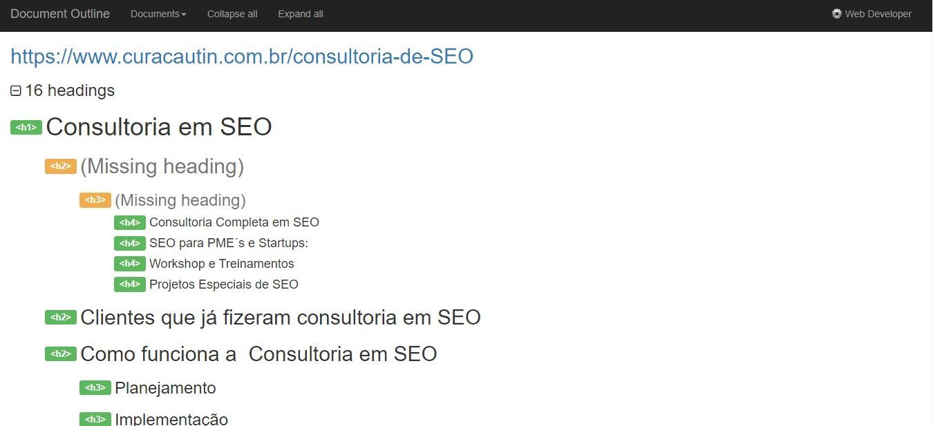 Imagem da extensão Web Developer em uso mostra estrutura de Heading Tags da página Consultoria em SEO da Curacautin