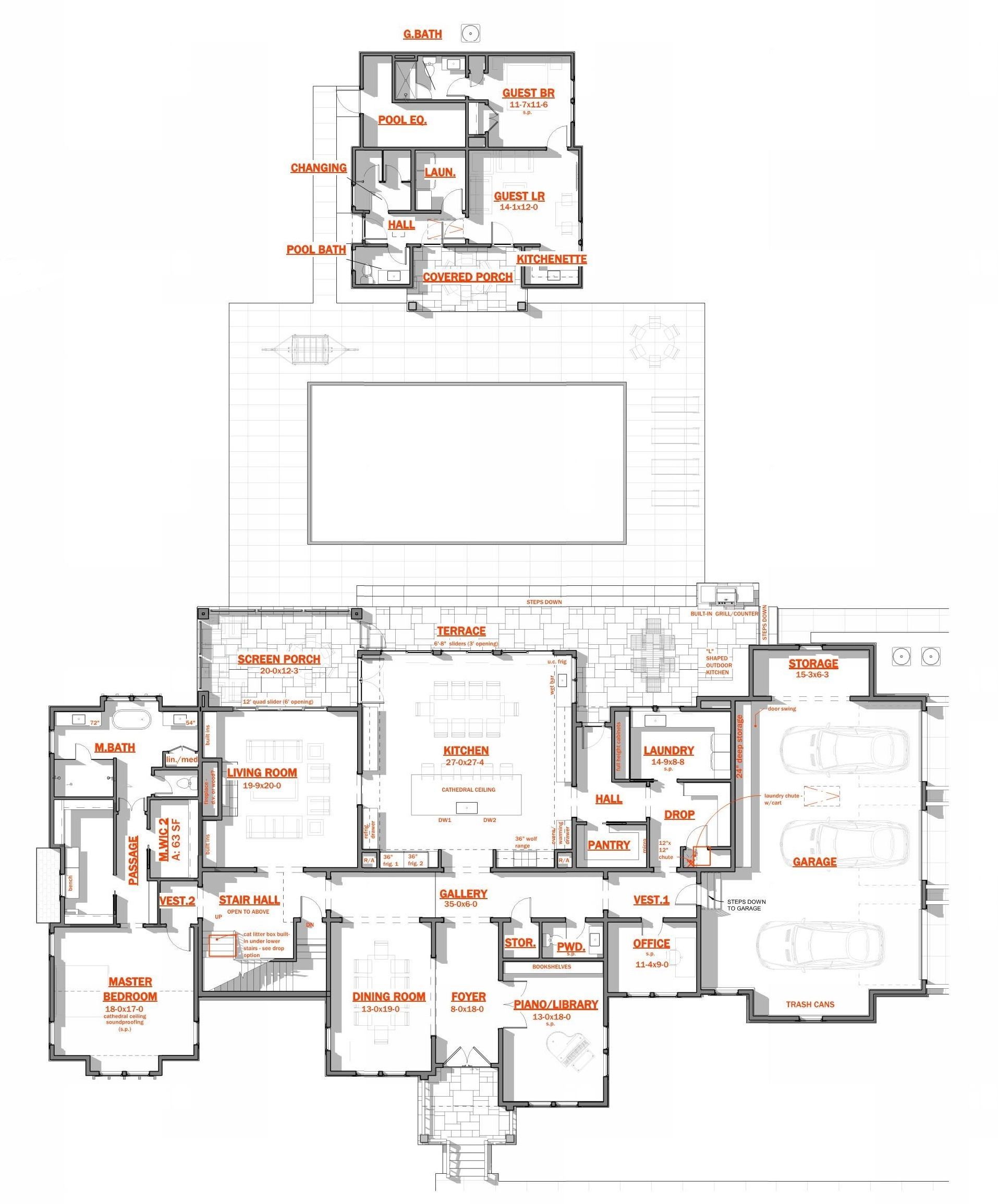 A black and white floor plan of a house with a pool.