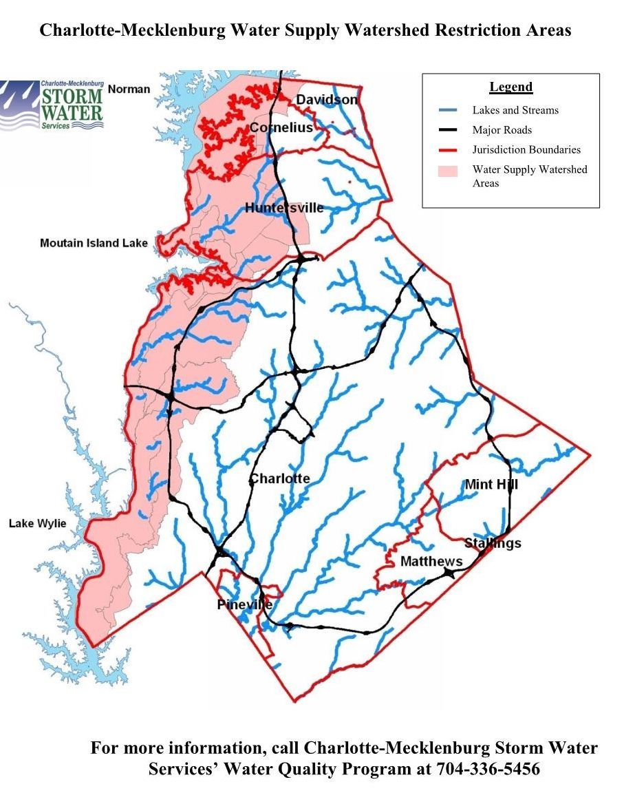 Map of Charlotte-Mecklenburg storm water drainage area with blue streams and red shaded boundary areas