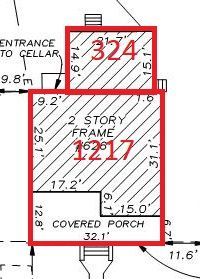 Red-outlined house floor plan showing a 2-story frame and covered porch with dimensions.