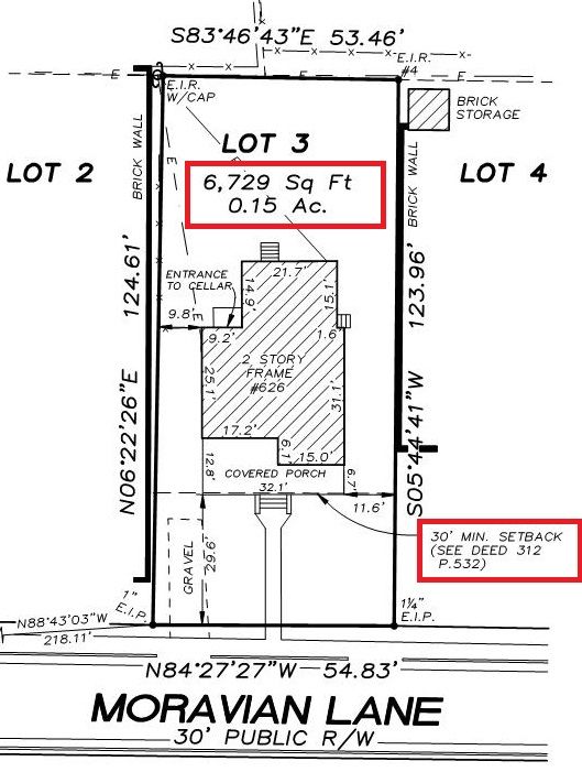 Site plan map showing Lot 3 highlighted in red on Moravian Lane, with lot dimensions and setback notes.