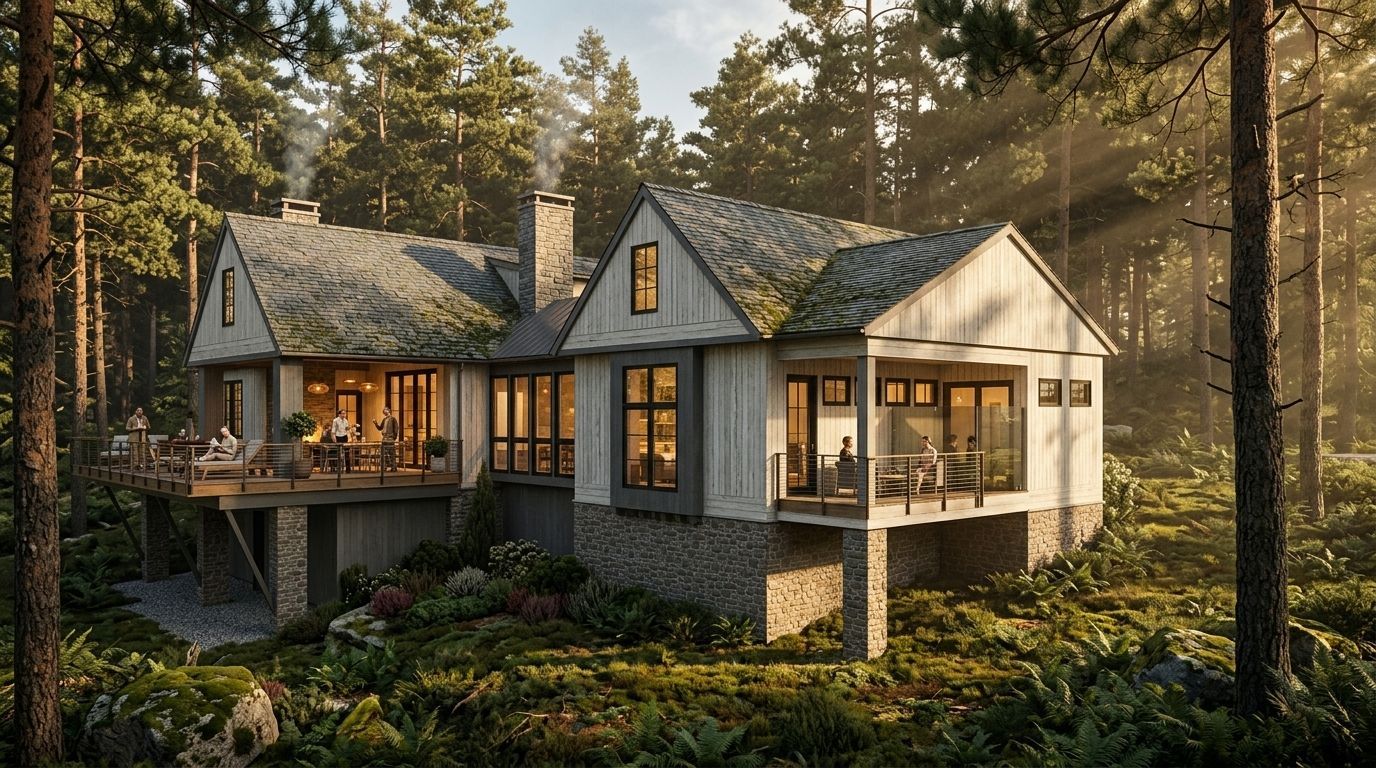 Modern cottage with stone foundation in a pine forest, featuring large windows and a wraparound porch.