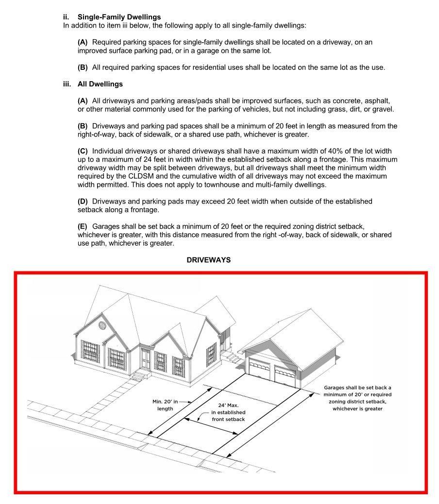 Black-and-white sketch of a house exterior with a dashed driveway and labeled lot dimensions