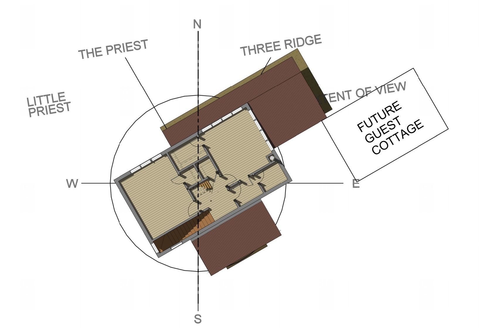 Compass-style site map of a house with labeled areas: The Priest, Three Ridge, and East/West compass directions