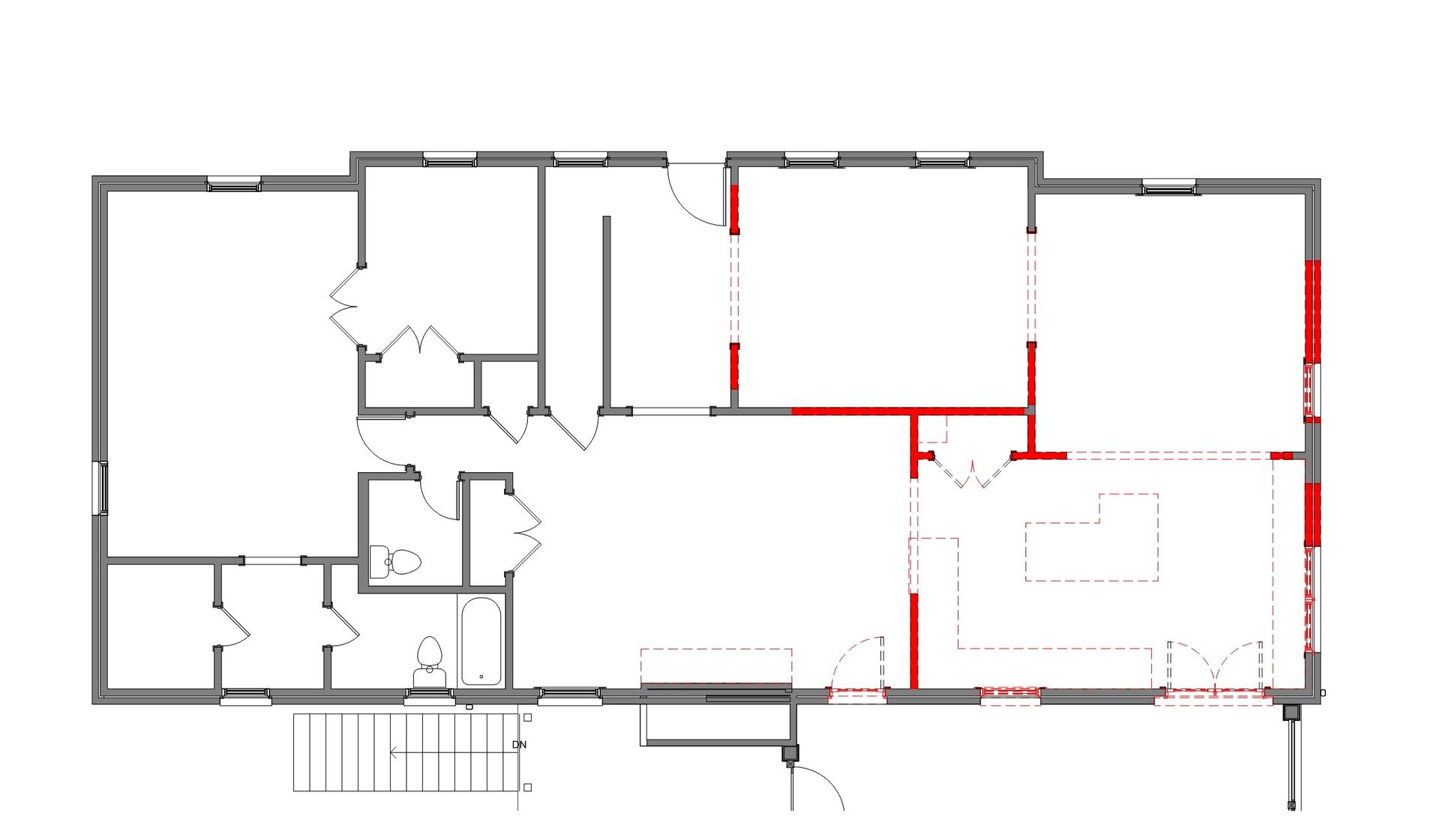 Architectural floor plan with black outlines and red highlighted walls/sections.