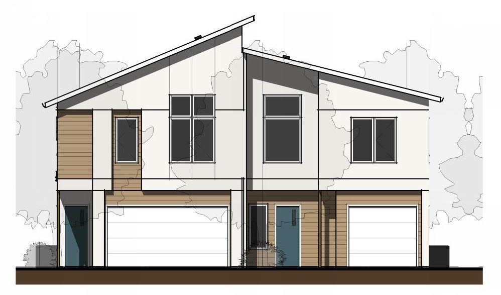 A drawing of a house with two garages and trees in the background.