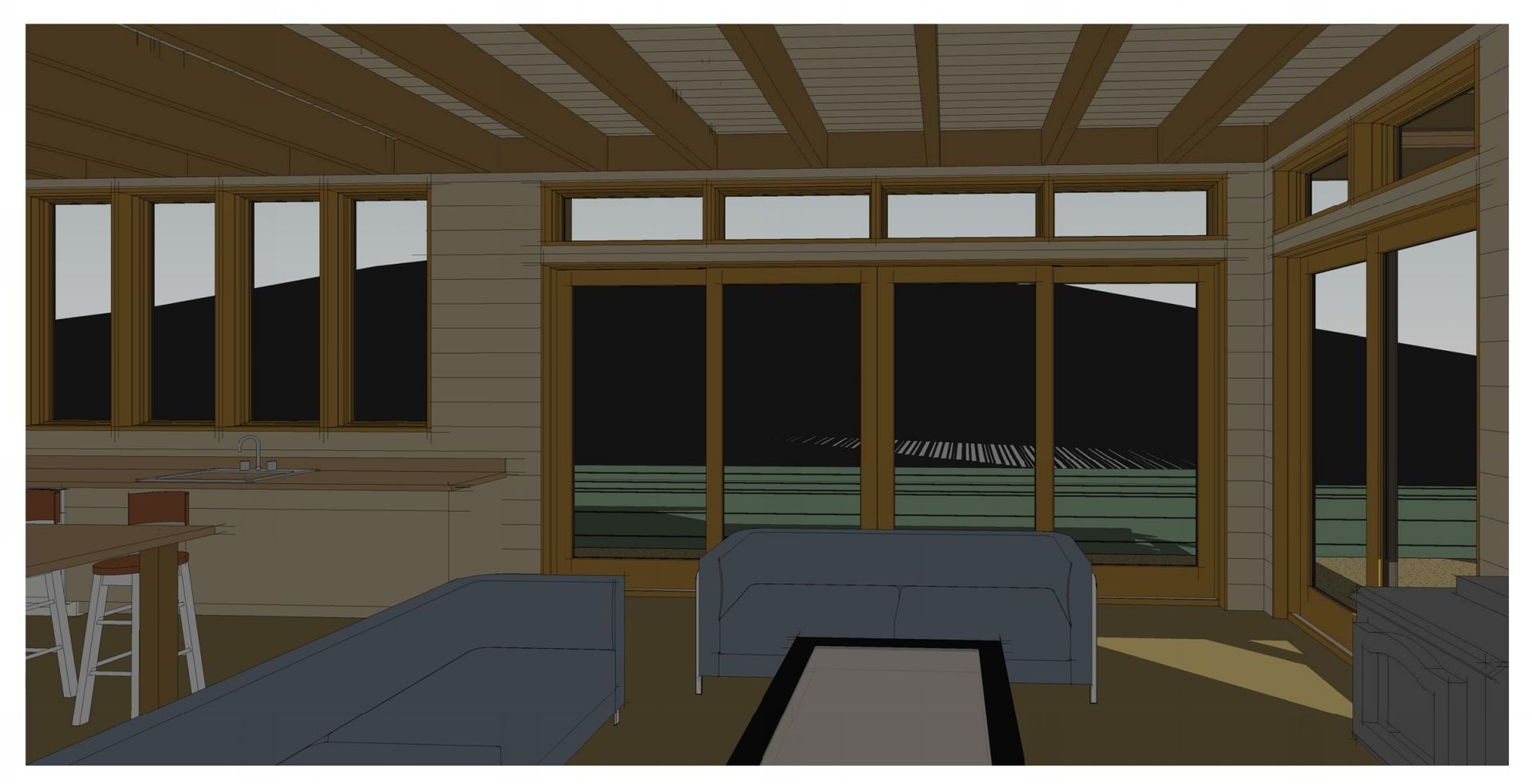 Wooden cabin interior with sofas, table, and large windows overlooking a mountain