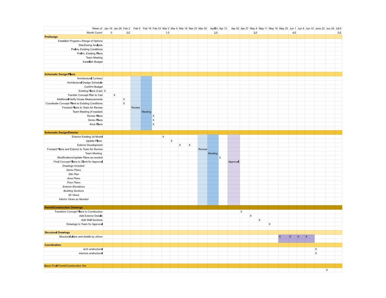 Spreadsheet-style project schedule with yellow section bars and blue/purple highlighted date ranges