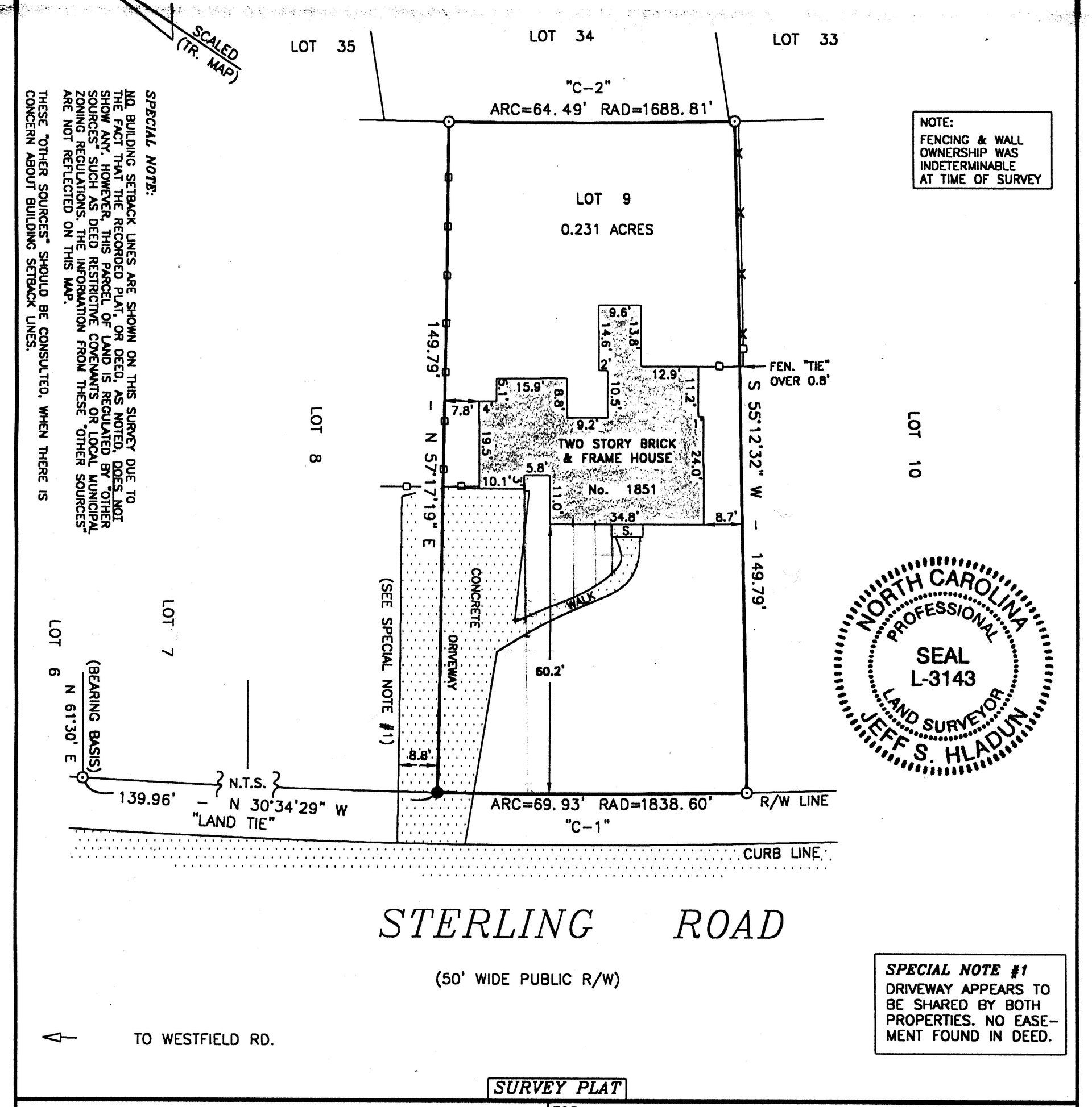 Site plan map showing a property layout along Sterling Road with lot lines, measurements, and seal stamp