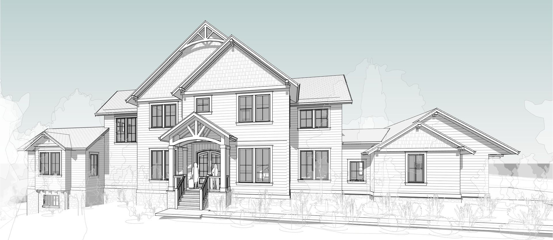 A black and white drawing of a large house with a lot of windows.