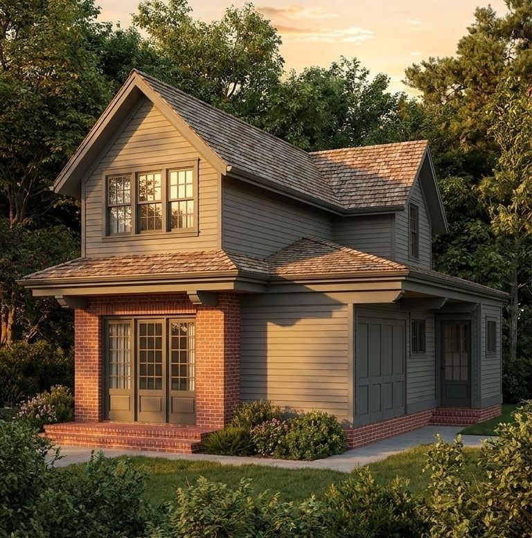 Two-story gray house with brick porch and warm sunset lighting, surrounded by trees and shrubs