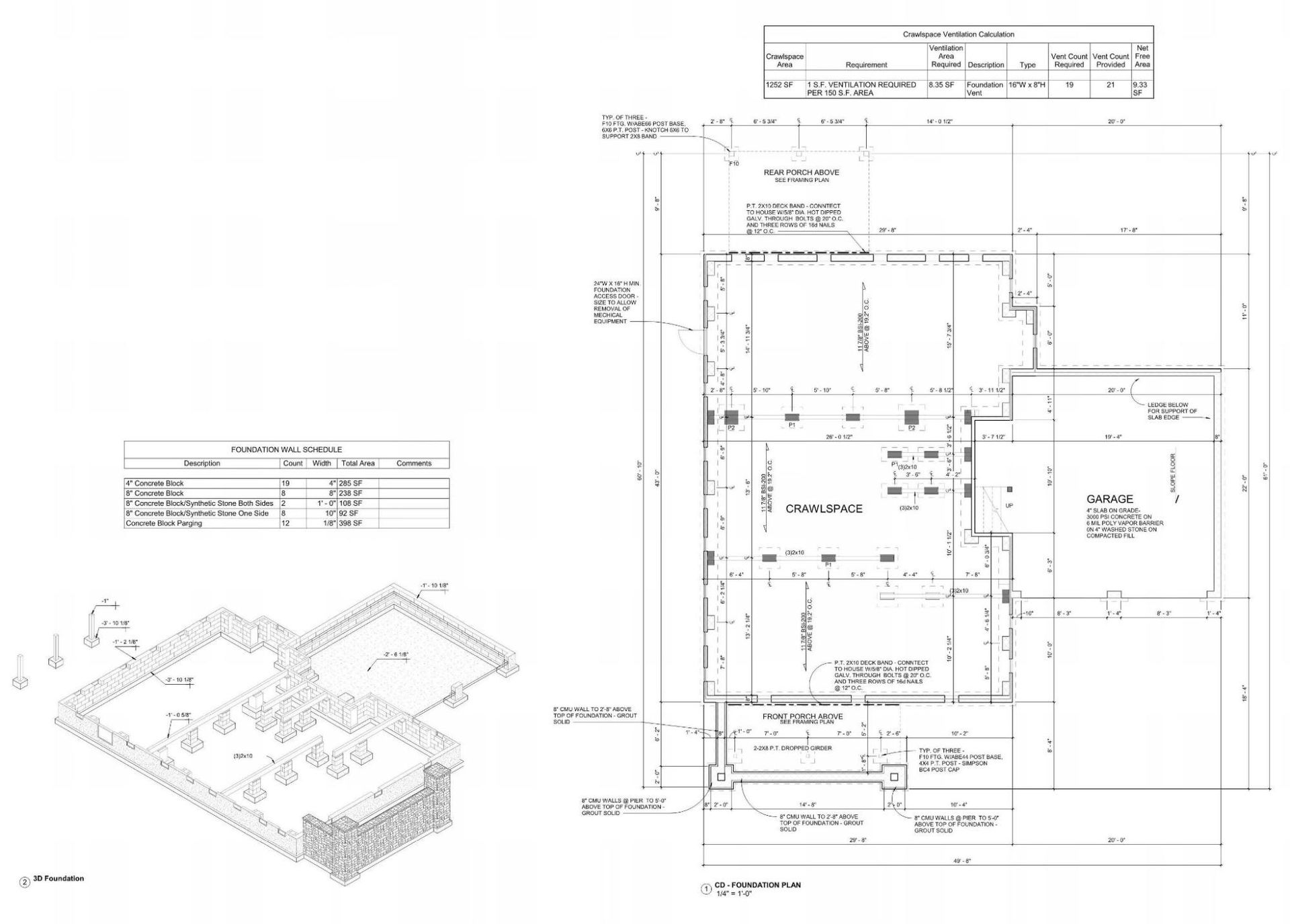 Black-and-white technical blueprint with floor plan, measurements, and a small 3D building diagram