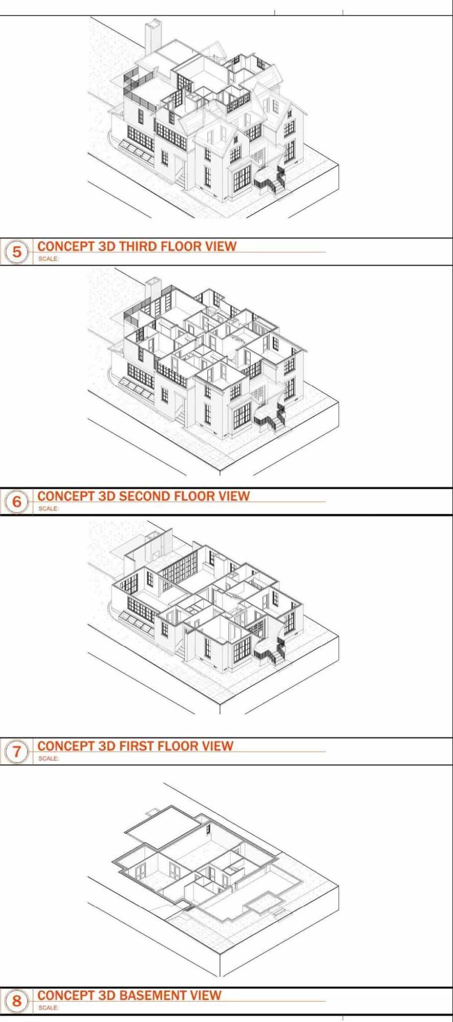 Four small architectural isometric diagrams showing building layout stages in black and white.