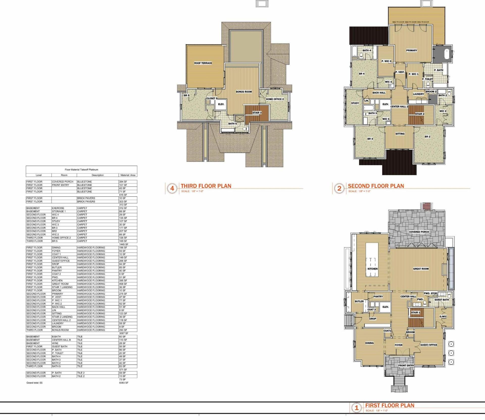 Three house floor plan layout diagrams with a measurement table on the left.