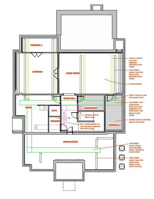 Detailed building floor plan with HVAC layout and labeled rooms.