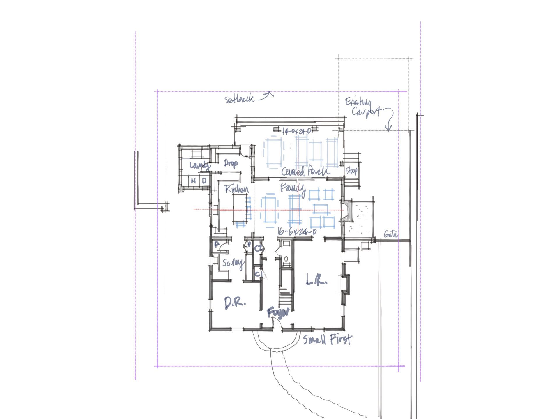 architectural floor plan sketch with room labels and boundary lines