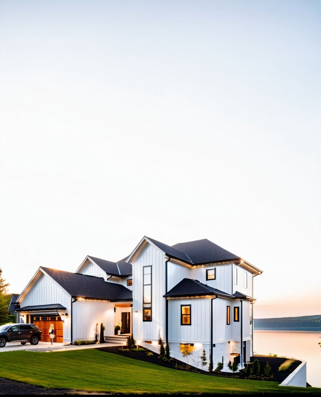 A large white house sits on a hill overlooking a body of water