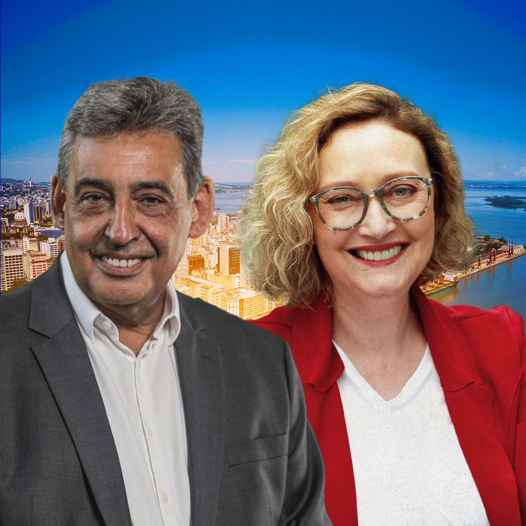 Prefeito Sebastião Melo, e ao lado Maria do Rosário, ambos sorrindo. No fundo vista de Porto Alegre