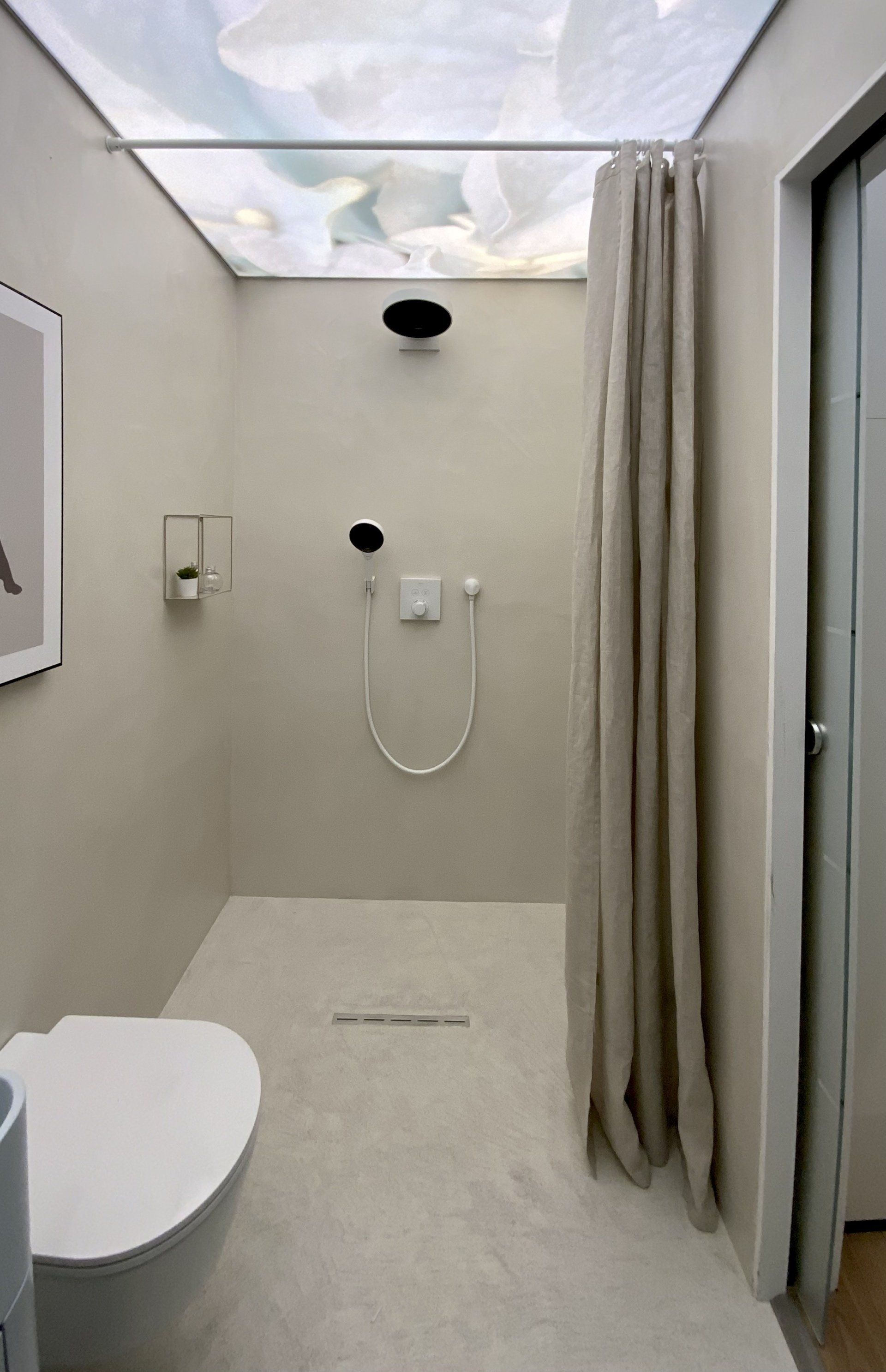 Ein Badezimmer mit Toilette und Dusche mit einem Bild an der Decke.