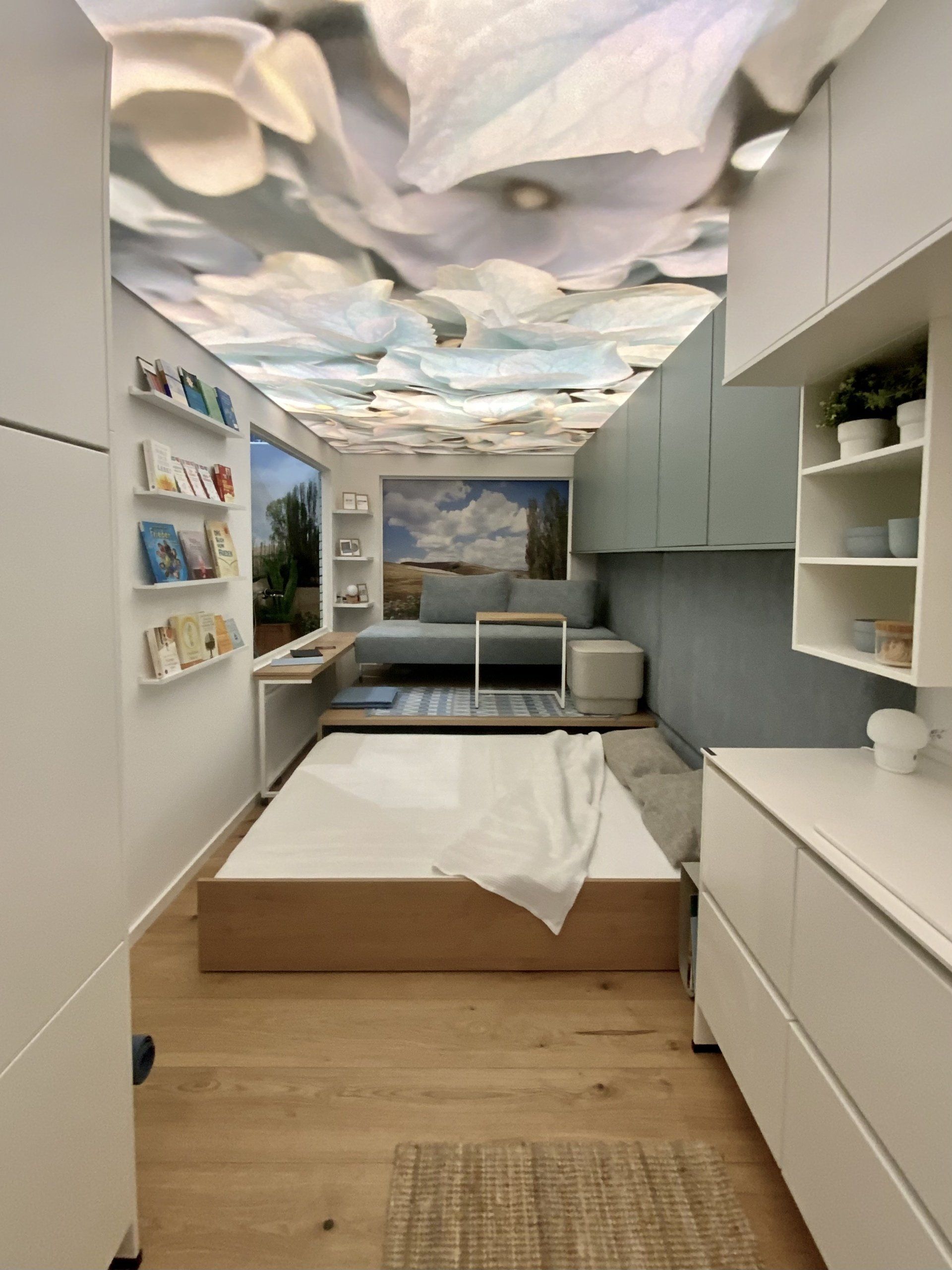 Ein Schlafzimmer mit einem Bett und einem Gemälde an der Decke