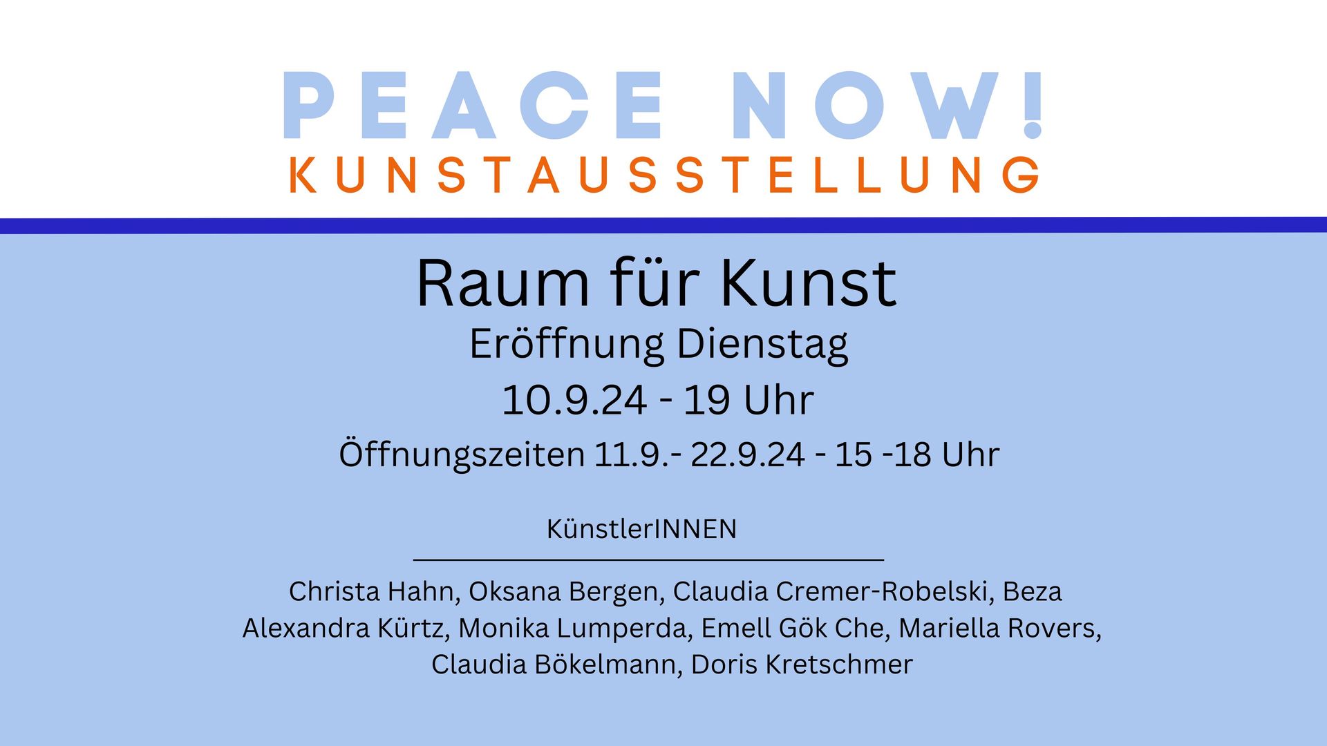 Ein blaues Schild mit der Aufschrift „Peace Now“ – Kunstausstellung