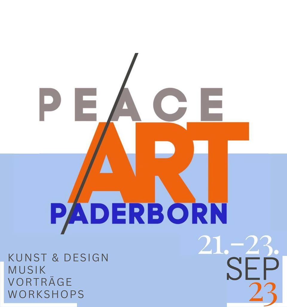 Friedenskunst-Poster Paderborn mit orangefarbenem Text, blauem Streifen und den Daten 21.–23. September 2023