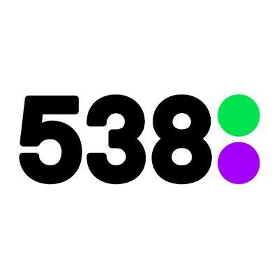 538-logo met zwarte cijfers en groene en paarse stippen op een witte achtergrond.