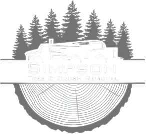 Logo for Simpson Tree & Brush Removal: stylized truck and trees above the company name over a cross-section of a tree trunk.