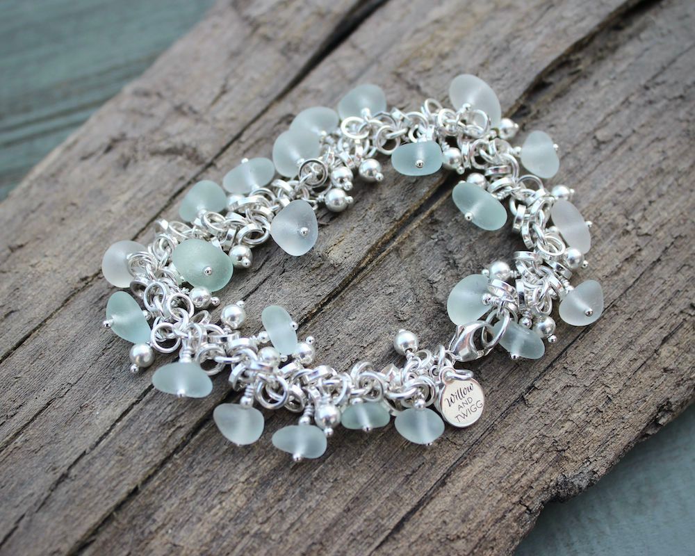 Sea Glass & Sterling Silver Beaded Charm Bracelet, Hallmarked