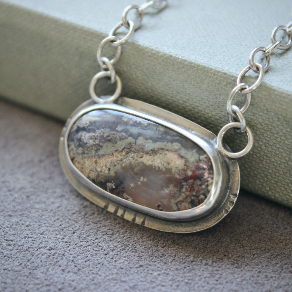 Moss Agate & Sterling Silver Pendant Necklace, Hallmarked
