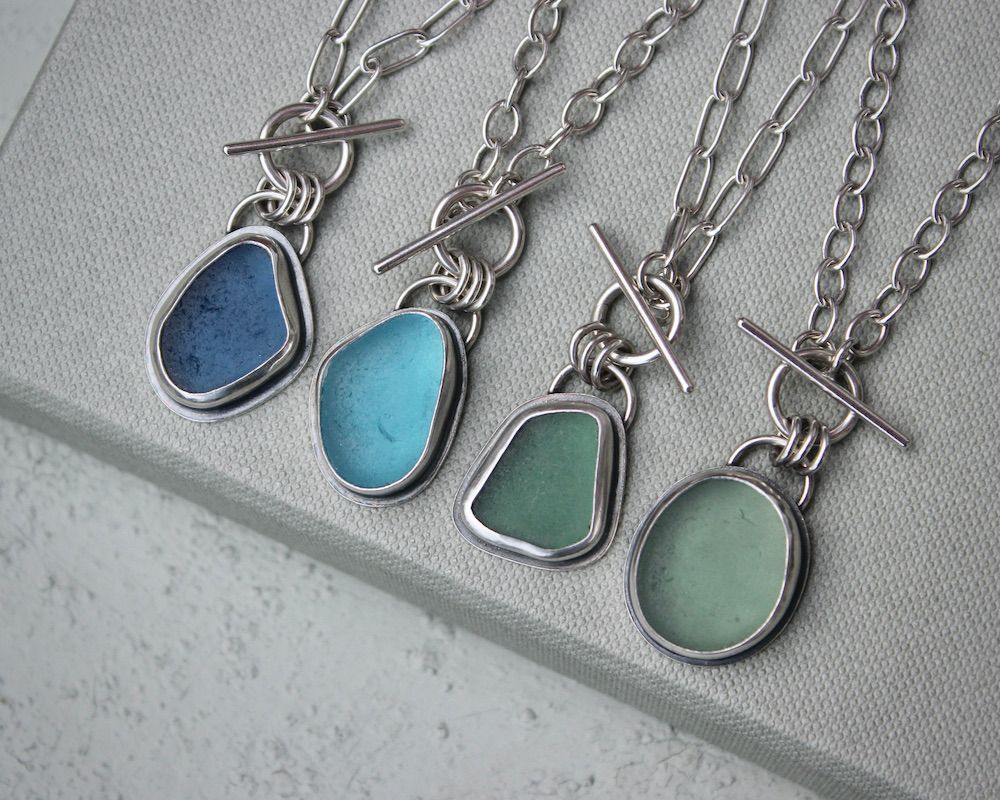 Sea Glass T-Bar Pendant Necklace, Hallmarked
