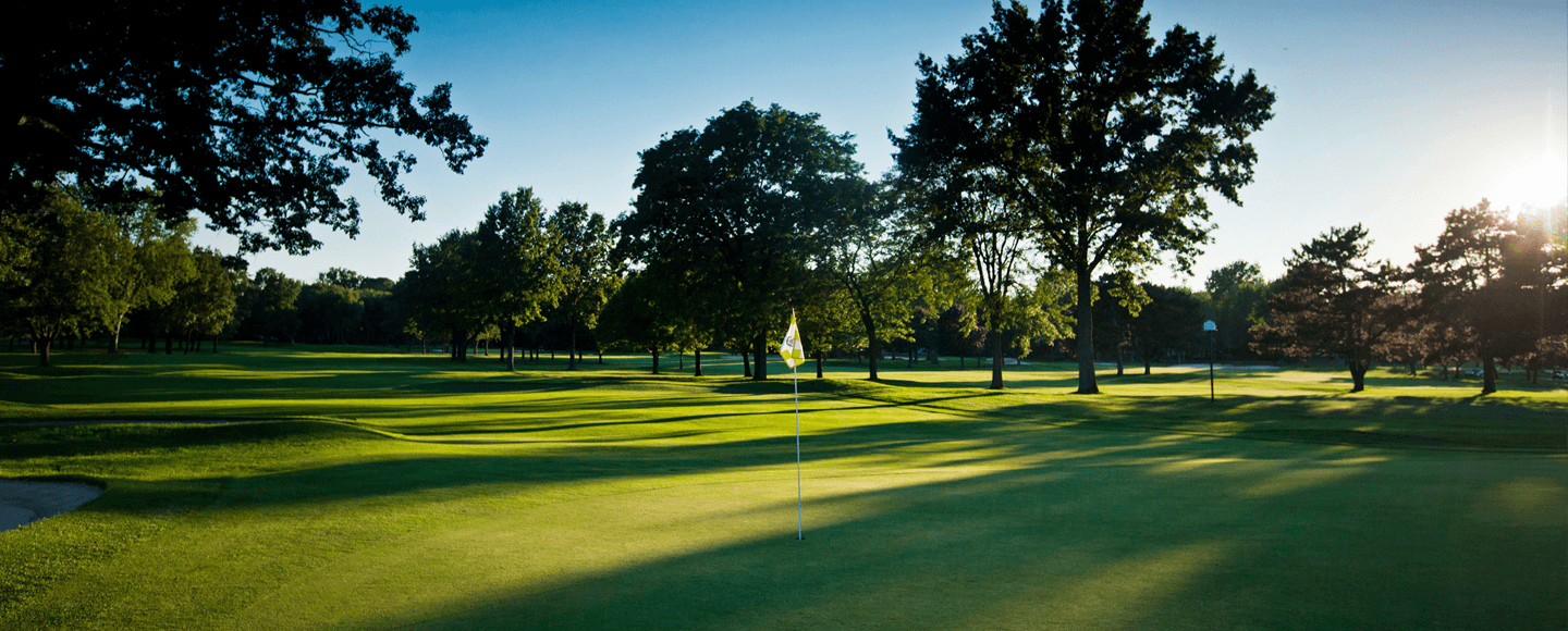 The sun is shining through the trees on a golf course.