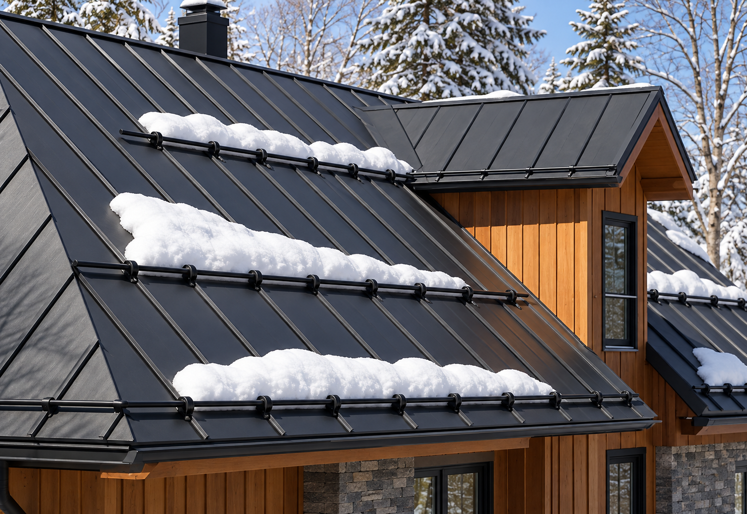 Snow-covered black metal roof on a wooden house with evergreen trees in the background