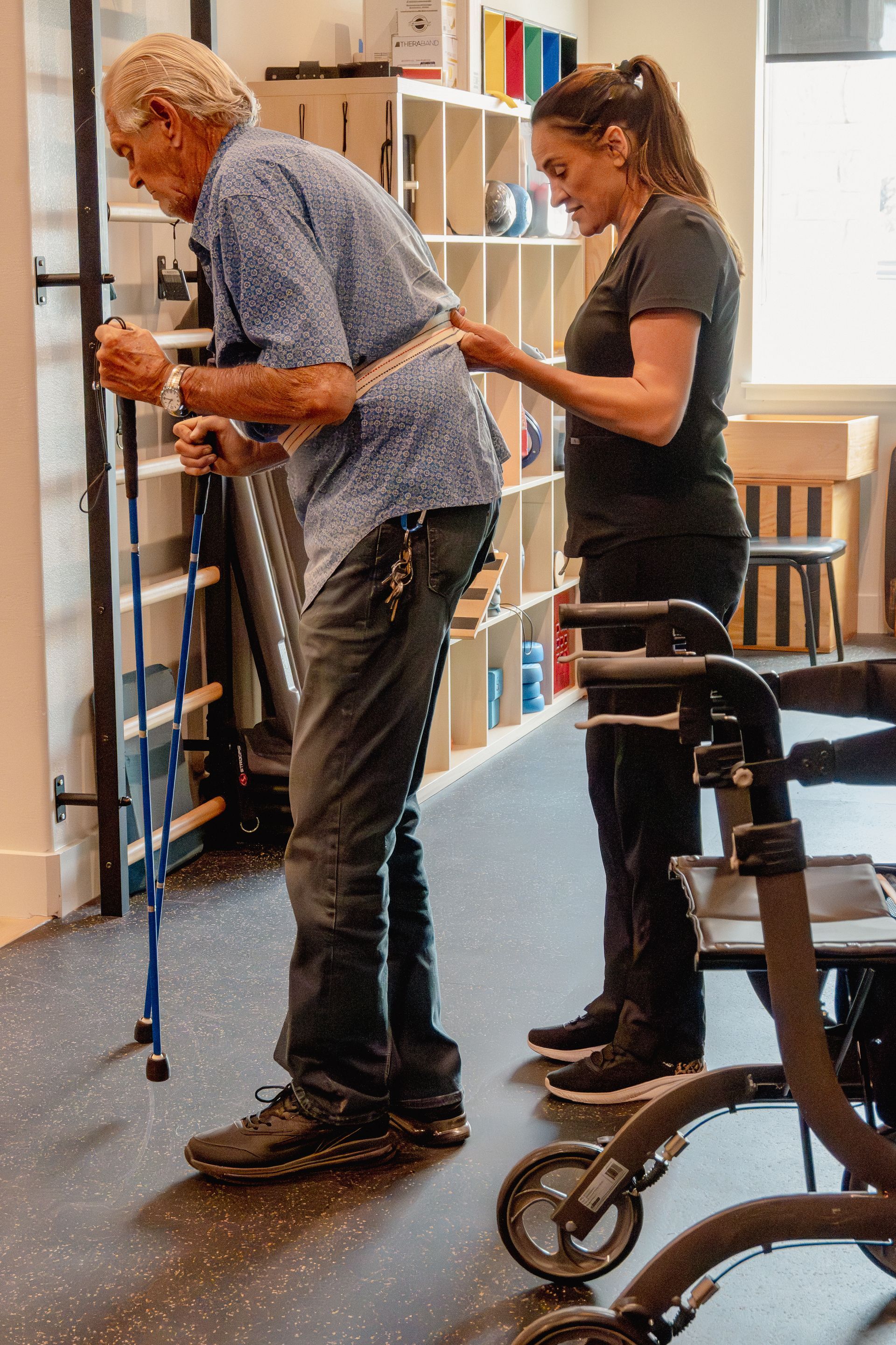 Physical therapist performing hands on therapy on patient for balance at MOSS Rehabilitation Center in Springtown Texas