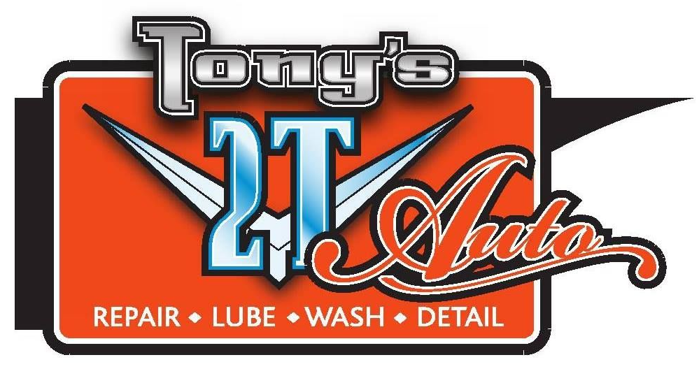 Tony's 2T Auto logo. Orange background with "2T" in blue, surrounded by "Auto". Services: Repair, Lube, Wash, Detail.