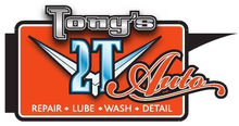 Tony's 2T Auto logo. Orange background with "2T" in blue, surrounded by "Auto". Services: Repair, Lube, Wash, Detail.