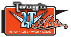 Tony's 2T Auto logo. Orange background with "2T" in blue, surrounded by "Auto". Services: Repair, Lube, Wash, Detail.