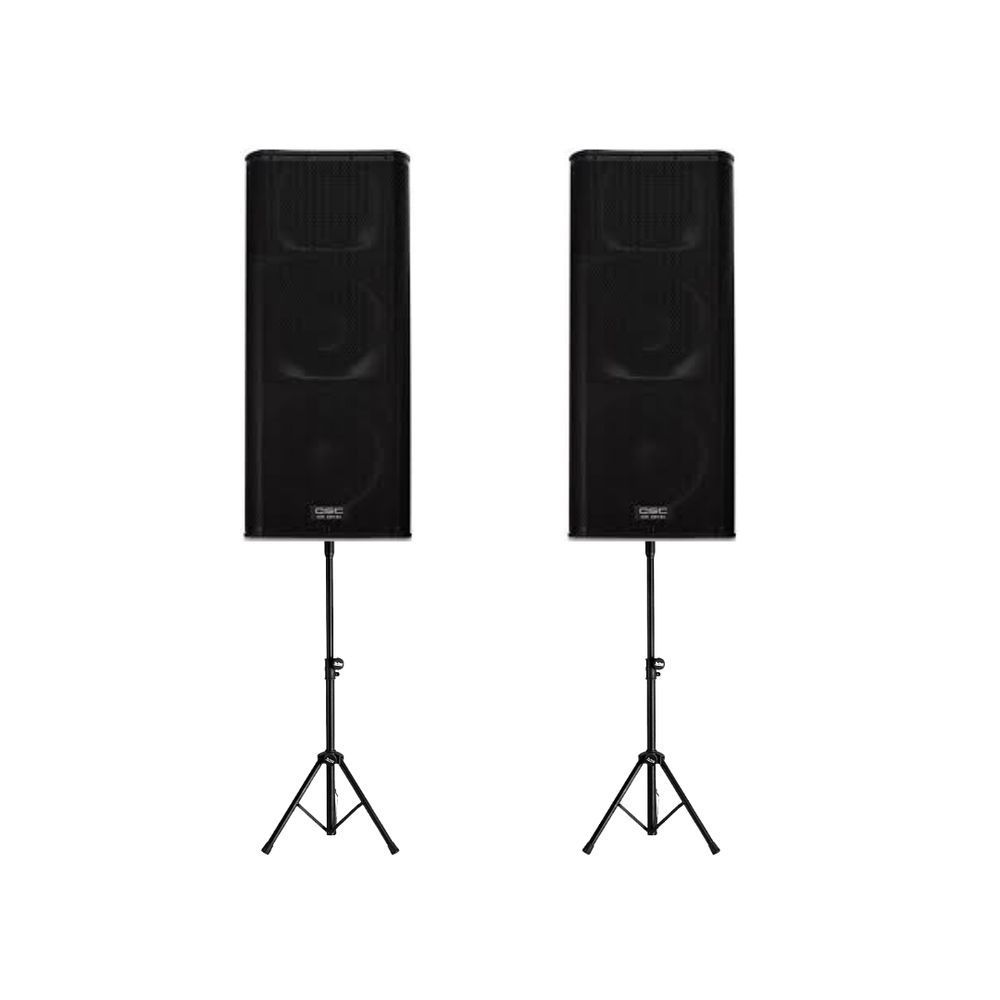 QSC KW153 & Twin RCF Subwoofer Package — original equipment stock-photo package layout on white