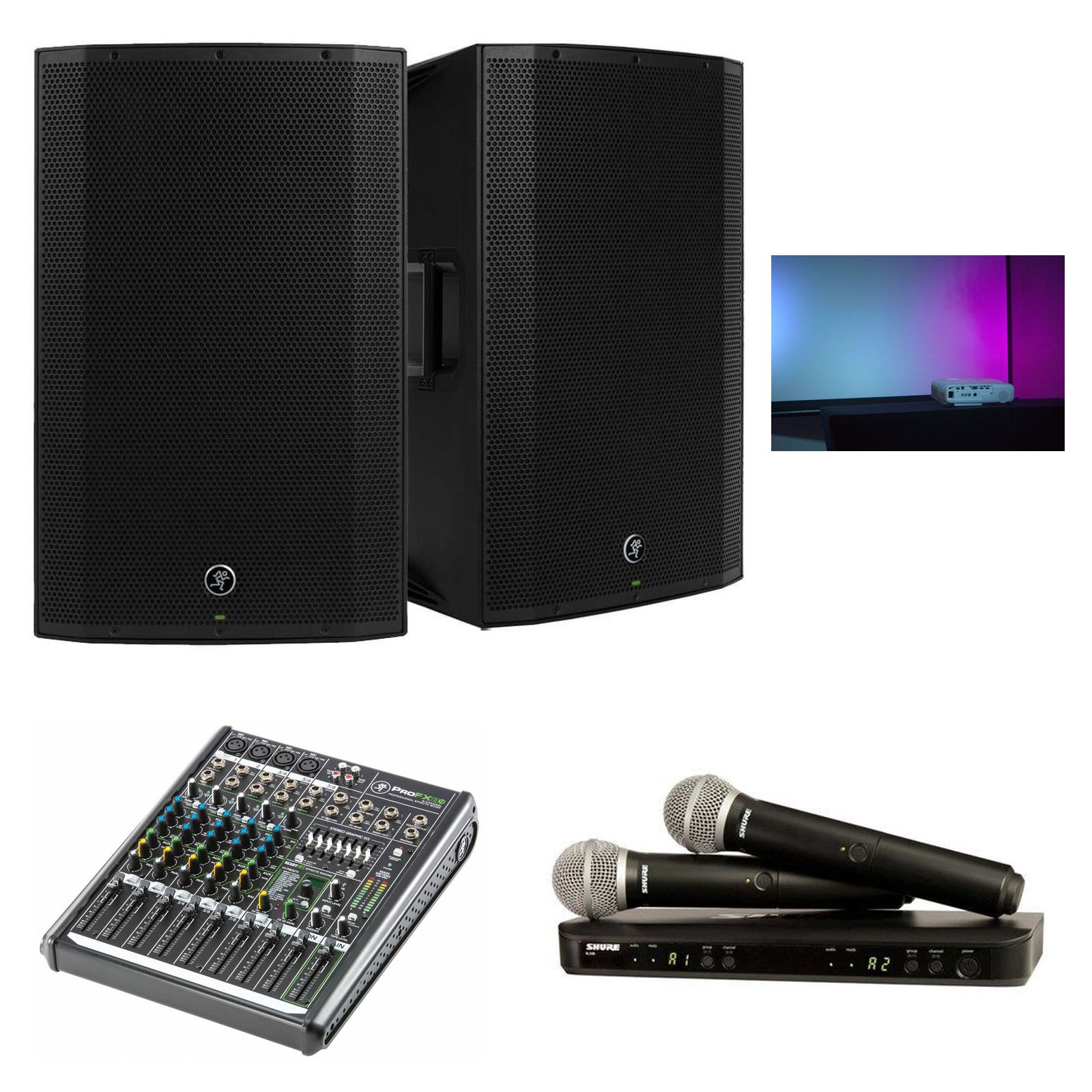 Corporate Presentation AV Package — original speakers, mixer, wireless microphones and projector/screen reference