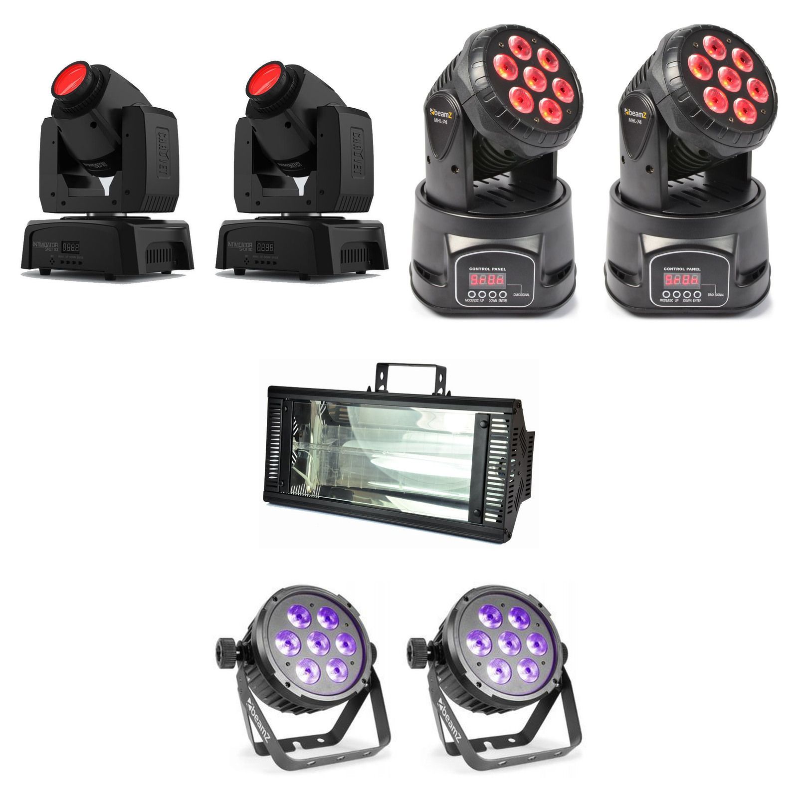 Two Beamz BT280 Flatpars, two Intimidator Spot 110 moving heads, two MHL-74 moving washes and one AVE Vortex 1500 strobe.