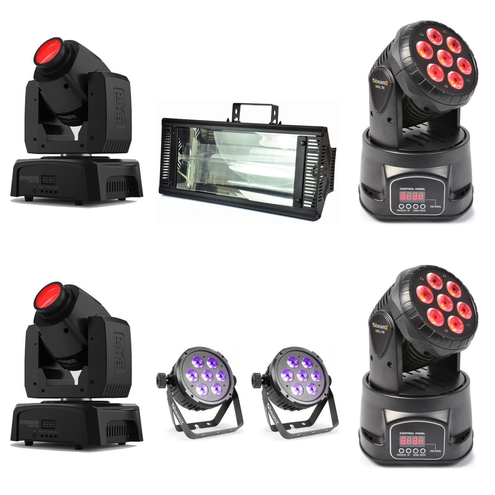 Two Beamz BT280 Flatpars, two Intimidator Spot 110 moving heads, two MHL-74 moving washes and one AVE Vortex 1500 strobe.
