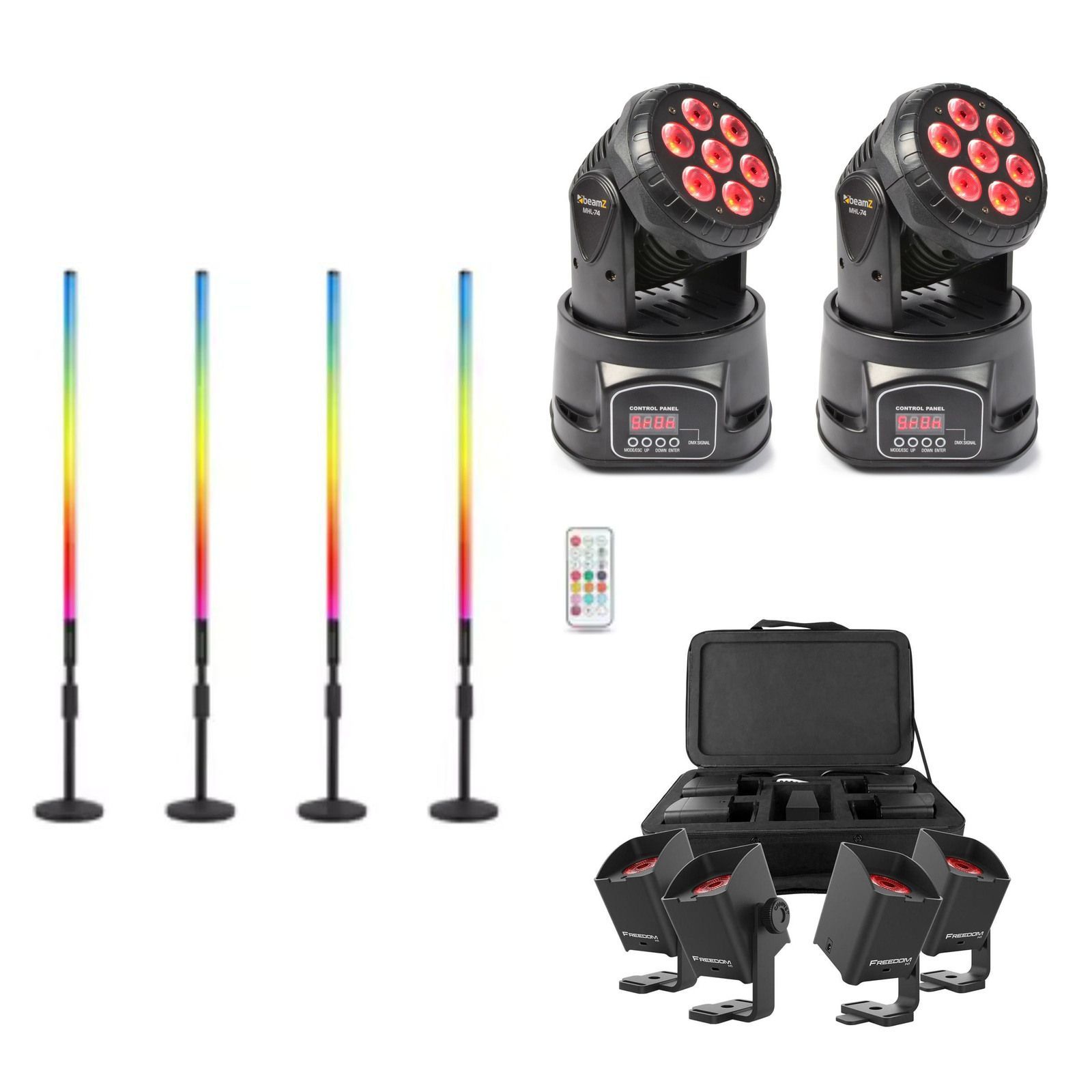 Four LED tubes with round bases and remote, four Chauvet H1 lights with carry bag and two Beamz MHL-74 moving washes.