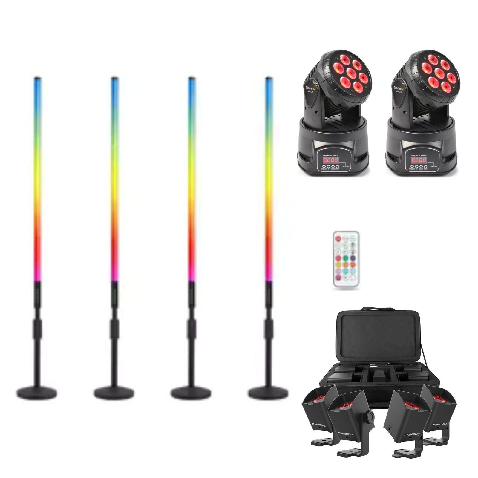 Four LED tubes with round bases and remote, four Chauvet H1 lights with carry bag and two Beamz MHL-74 moving washes.