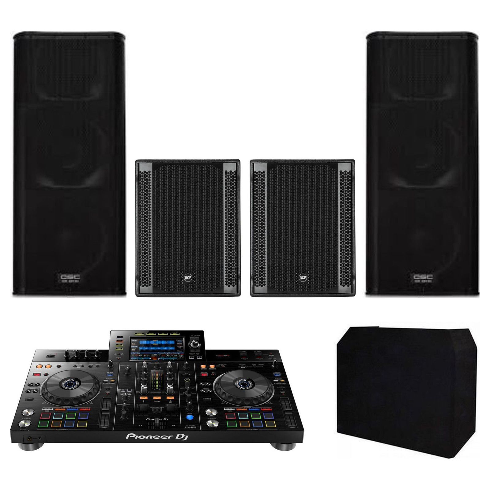 Pioneer RX2 QSC, Twin-Sub & Booth Package — original equipment stock-photo package layout on white