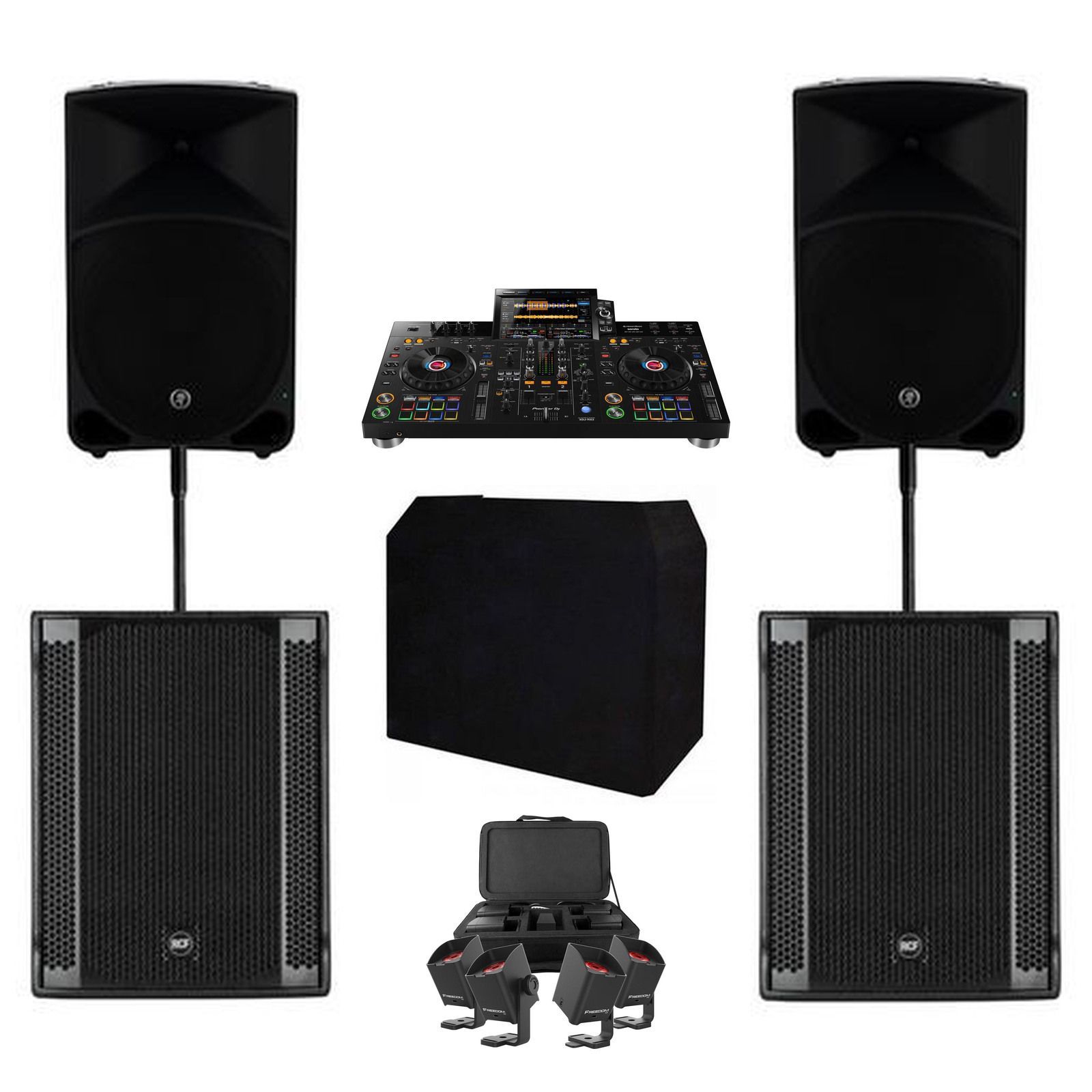 Pioneer RX3 Sound, Booth & Uplights Package — original equipment stock-photo package layout on white