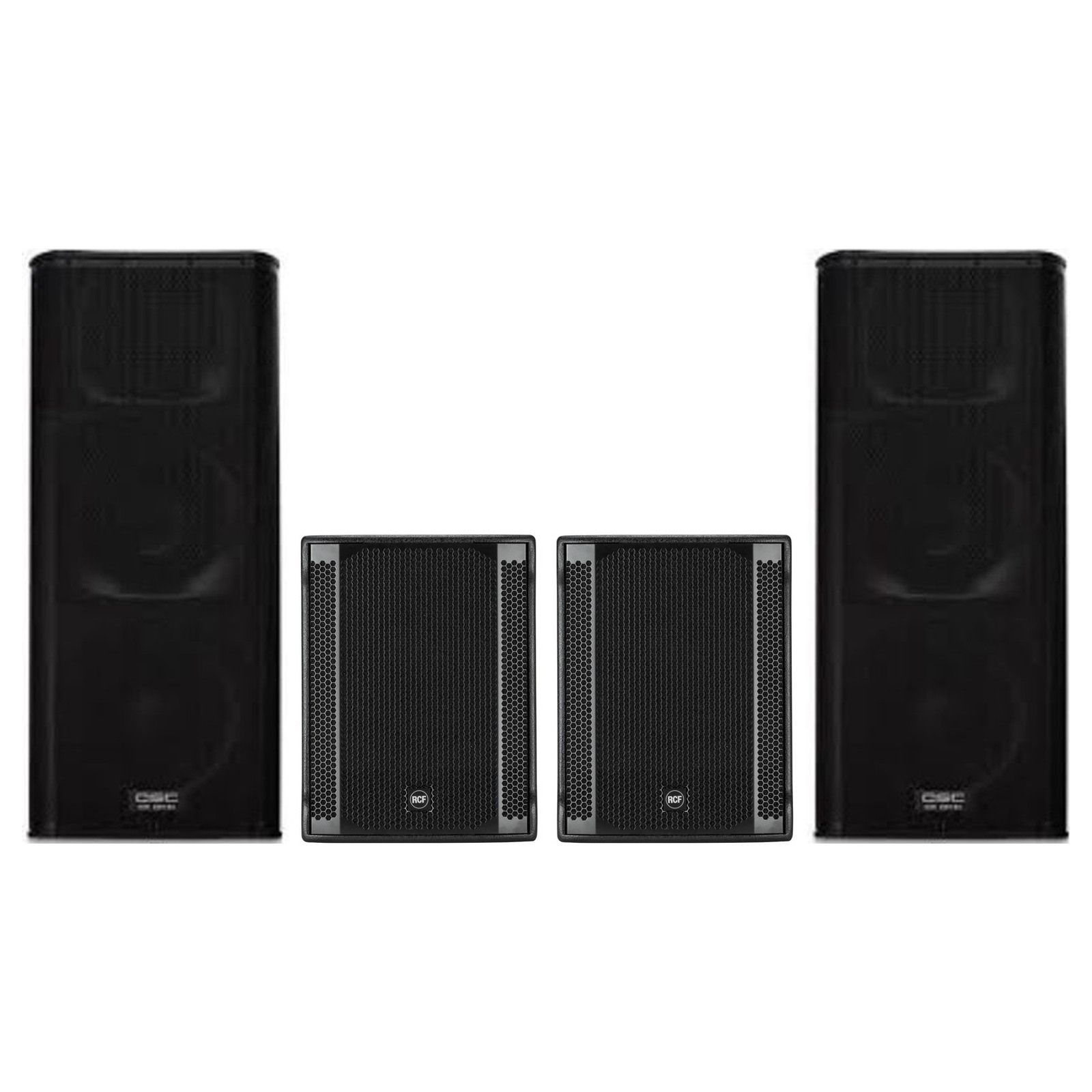 QSC KW153 & Twin RCF Subwoofer Package — original equipment stock-photo package layout on white