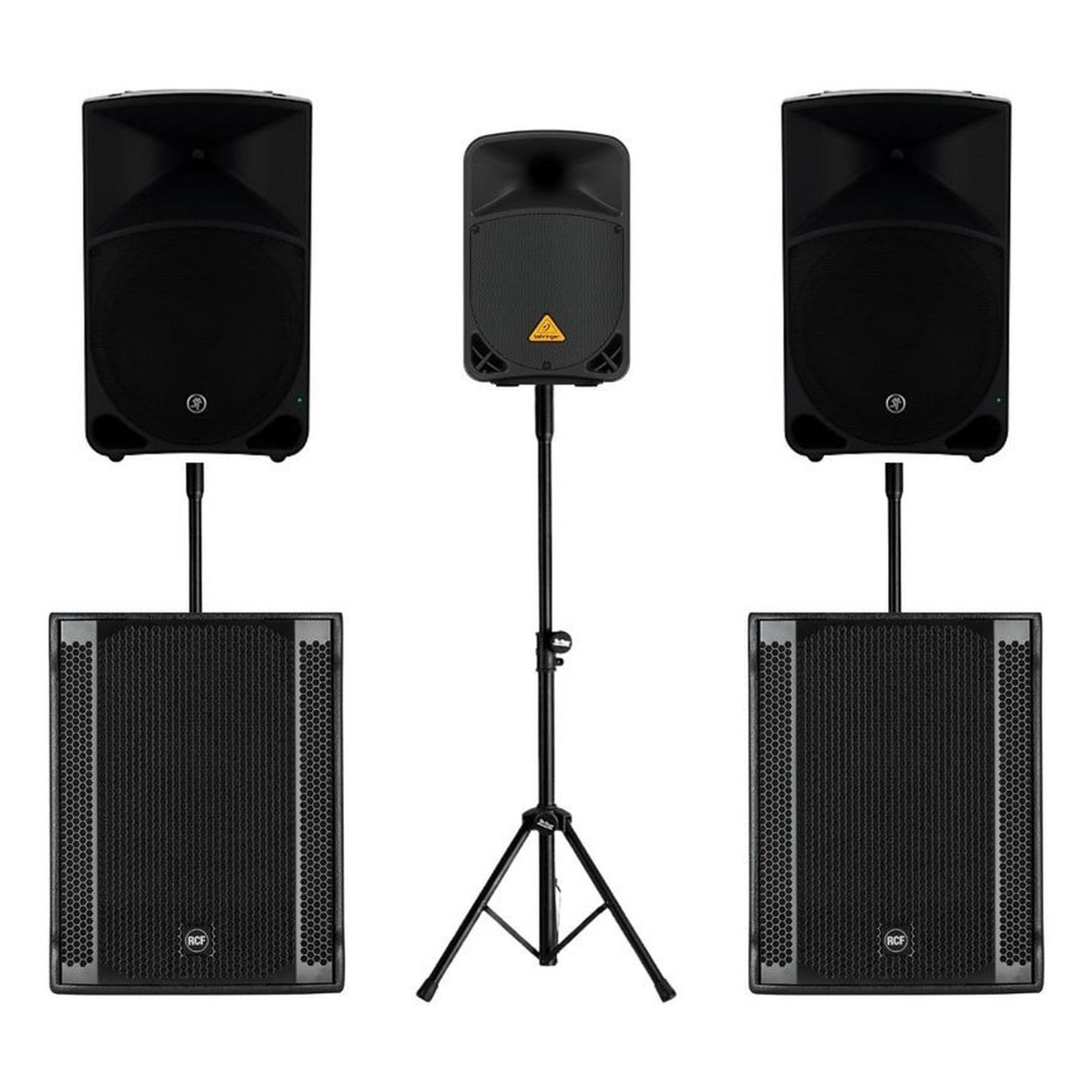 Two Mackie main speakers, two RCF subwoofers and a Behringer booth monitor with original poles and monitor stand