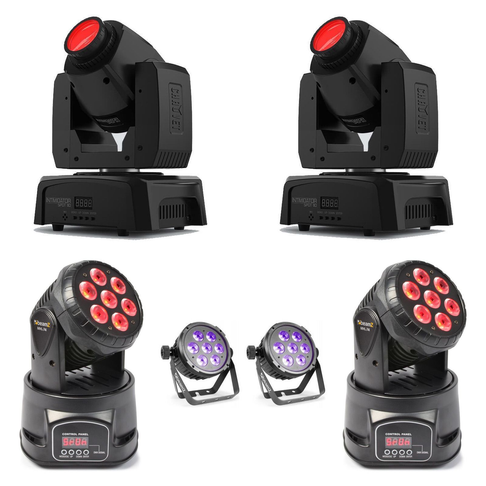 Two Beamz BT280 Flatpars, two Intimidator Spot 110 moving heads and two MHL-74 moving washes on white.